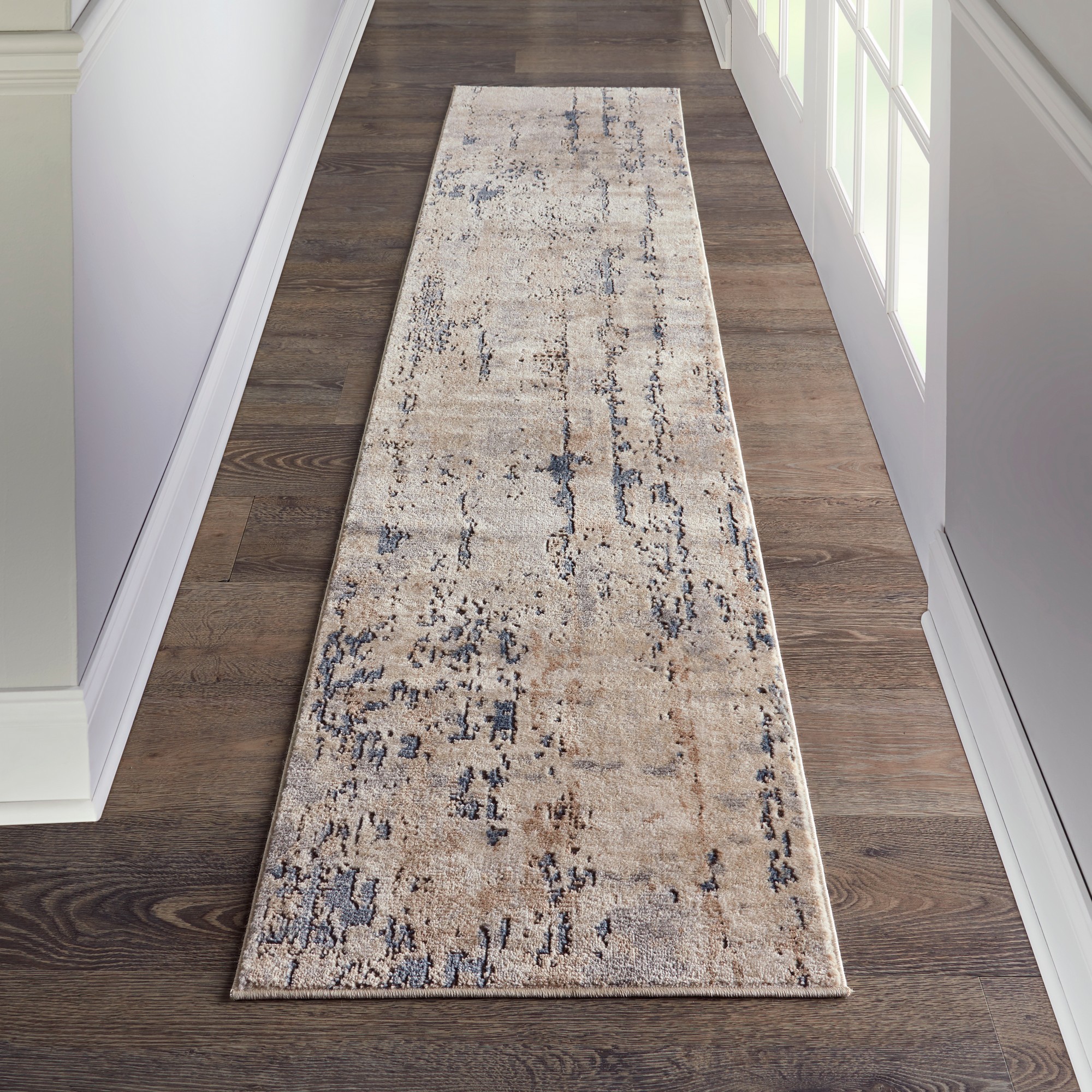 Quarry Qua01 Abstract Distressed Runner Rugs In Beige Grey